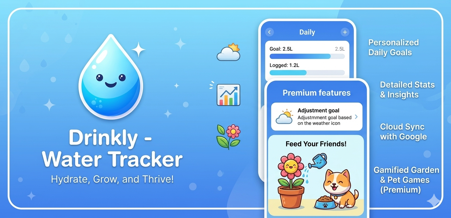 Drinkly: Water Tracker & Reminder feature graphic